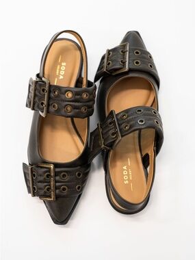SODA Black Pointed-Toe Buckle Slingback Flats